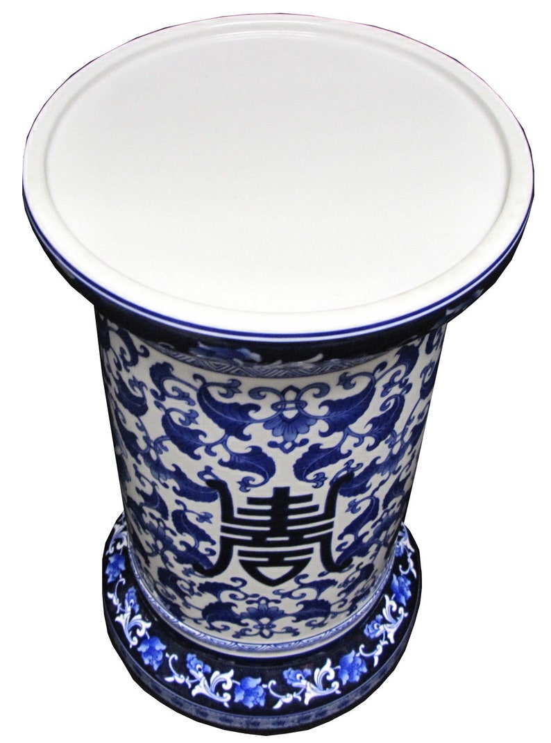 blue and white plant stand
