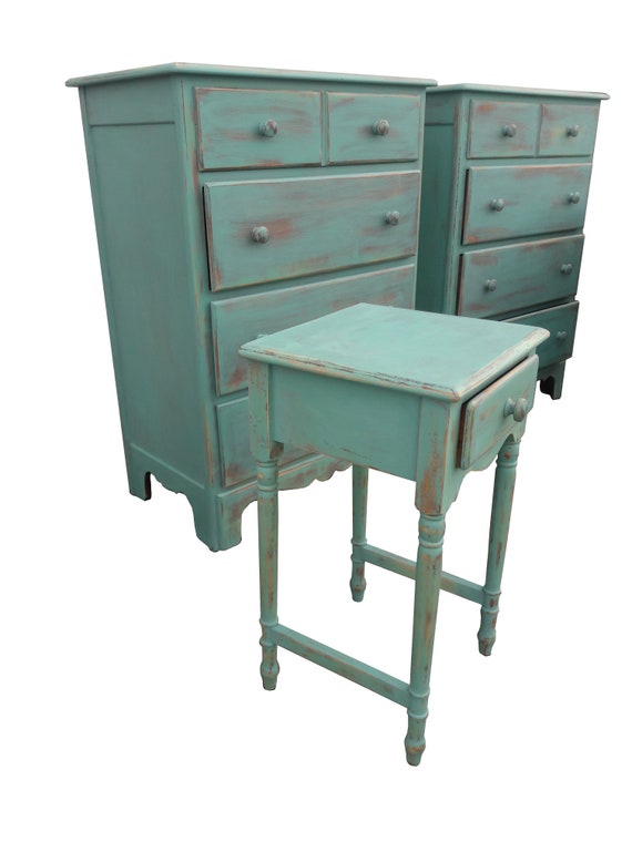 Coastal Cottage Maple Bedroom Set Vintage Maple Shabby Blue Aqua 3 Piece Bedroom Suite Painted Maple Dressers Nightstand