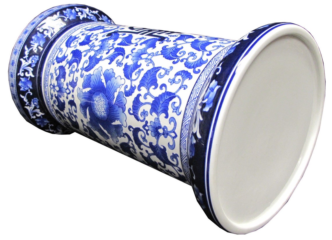 blue and white plant stand