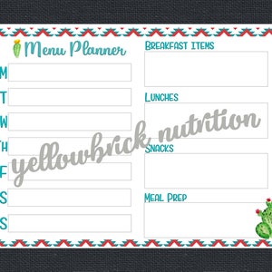 Watercolor Cactus Menu Planner, 8.5 X 11 PDF, Instant Download, Meal Planning - Etsy