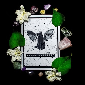 Spooky bat cat happy birthday card | Gothic cat lover greetings card | Blank inside
