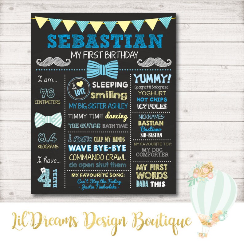 First Birthday Chalkboard Sign Blue Poster Printable Yellow First Birthday Bow Tie Little Man Digital 1st Birthday Lil man