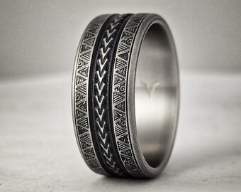 Maui 2.0, Patterned Titanium Ring, Tough Ring, 10mm Wedding Band