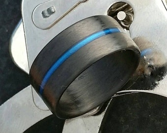 Thin Blue Line, 10mm wide, Carbon Fiber Ring . Flat Top, Strong, Light Weight,  Wedding Ring, Comfort fit, Durable Finish