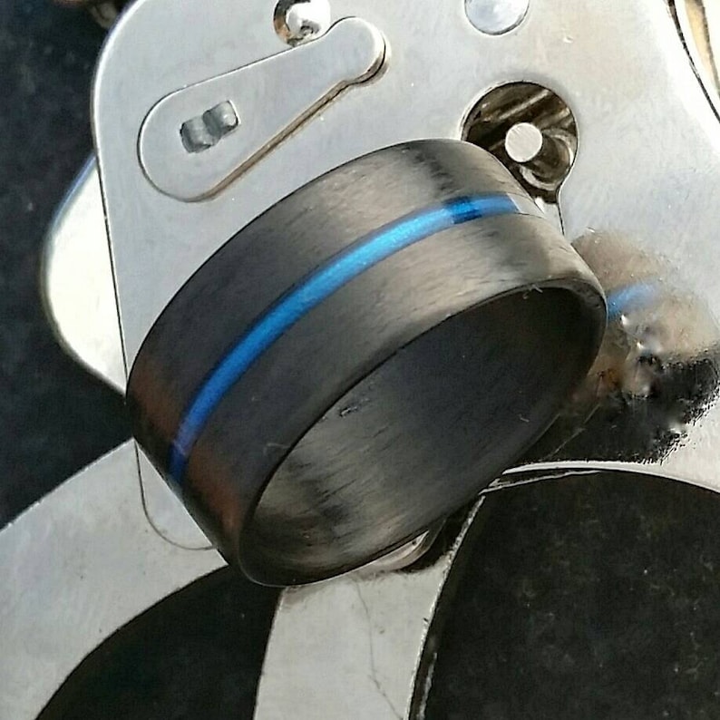 Thin Blue Line 10mm Wide Carbon Fiber Ring . Flat Top Etsy