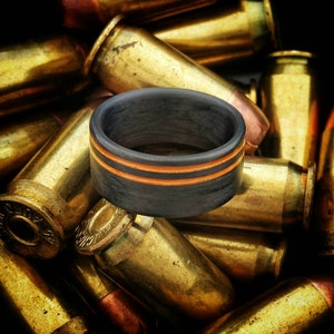 Double Tap, Double Offset Orange Lines, Carbon Fiber Ring. Tough Ring, Black Wedding Ring, Alternative Wedding Band