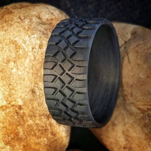 Crawler, Carbon Fiber Tread Ring. Rock Crawling Ring, Tough Ring, 10mm wide Wedding Band, Jeep Guy Ring