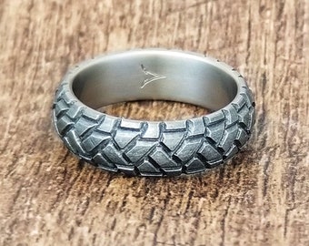 Titanium Tread Ring: Motorcycle Wedding Band, Comfort Fit