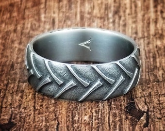 Titanium Tractor Tread Ring: Comfort Fit Farmer Wedding Band