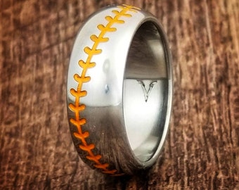 Baseball, Titanium ring. Colored inlay, 8mm wide, Strong, Light Weight, Wedding Ring, Comfort fit, Polished.