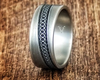 Titanium Ring: Wrapped Chain Inlay, Battleworn Finish, 9mm Wide