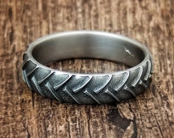 Titanium Tractor Tread Ring: 6mm Tough Farmer Wedding Band