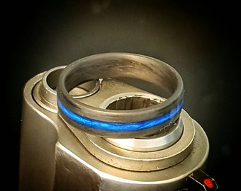 Thin Blue Line, 5mm wide, Carbon Fiber Ring. Domed top, Strong, Light Weight,  Wedding Ring, Comfort fit, Durable Finish