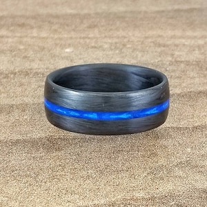 Thin Blue Line Ring, Law Enforcement Wedding Ring, 7mm wide Carbon Fiber Wedding Band, Policeman ring