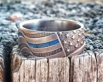 Thin Blue Line Titanium Ring: Battleworn American Flag Wedding Band