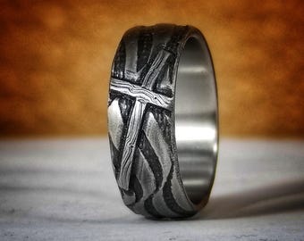 Battleworn Titanium Ring American Flag & Cross Patriotic Wedding Band