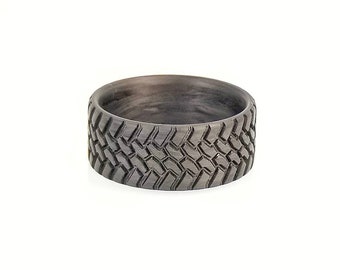 Off Road, Carbon Fiber Tread Ring, Off Road Racing ring, Tough ring, Black Wedding Band, Truck Guy Ring