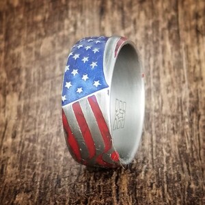 Old Glory, Full color, Titanium ring, American Flag ring, 9mm wide, satin finish, Tough ring, Patriotic Wedding Band,