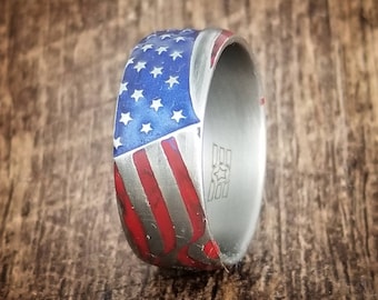 American Flag Titanium Ring: Patriotic Wedding Band, Full Color, 9mm