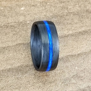 Thin Blue Line, 8mm wide, Carbon Fiber Ring. Domed top, Strong, Black Wedding Band, Law Enforcement, Tough Ring