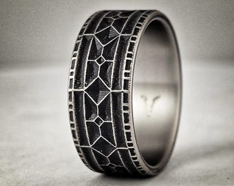 Battleworn Titanium Viking Wedding Ring - 9mm Rampart Design