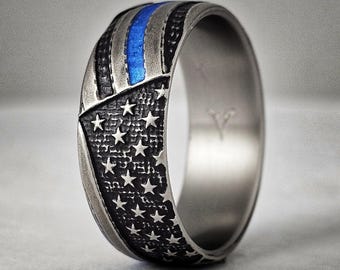 Thin Blue Line Titanium Ring: Battleworn American Flag Wedding Band