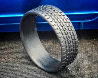 Sport Tire, Carbon Fiber Tread Ring, Sports Car Ring, 8mm wide Wedding Band, Tough Ring