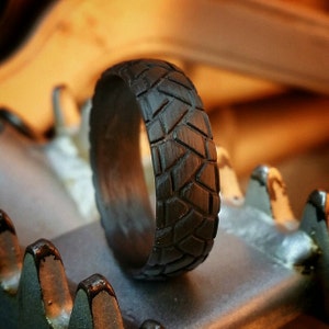 Dual Sport, Carbon Fiber Tread Ring. Adventure Bike Ring, Tough Ring, 7mm wide Wedding Band