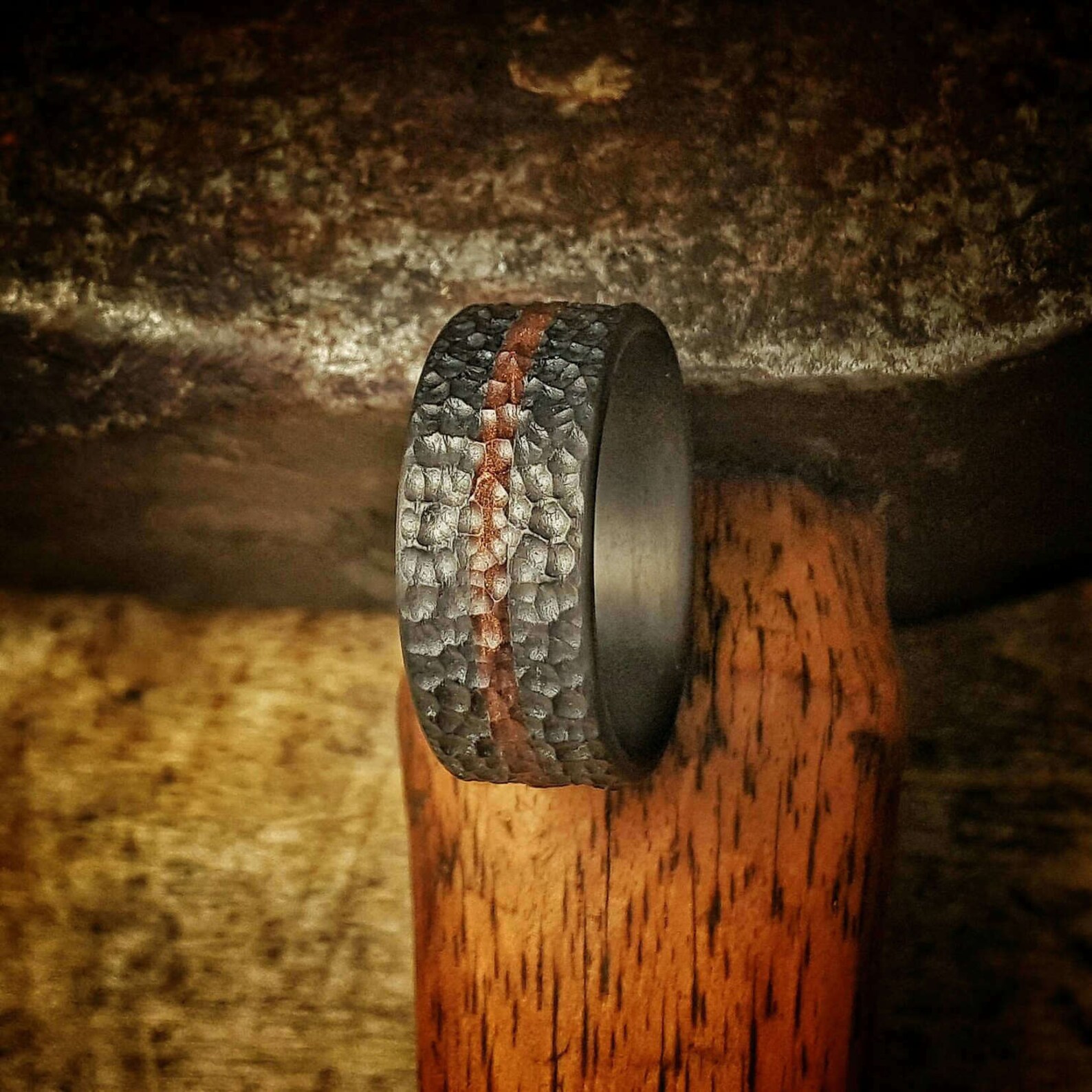 Hammered Finish Carbon Fiber Ring. Centered Liquid Bronze Etsy