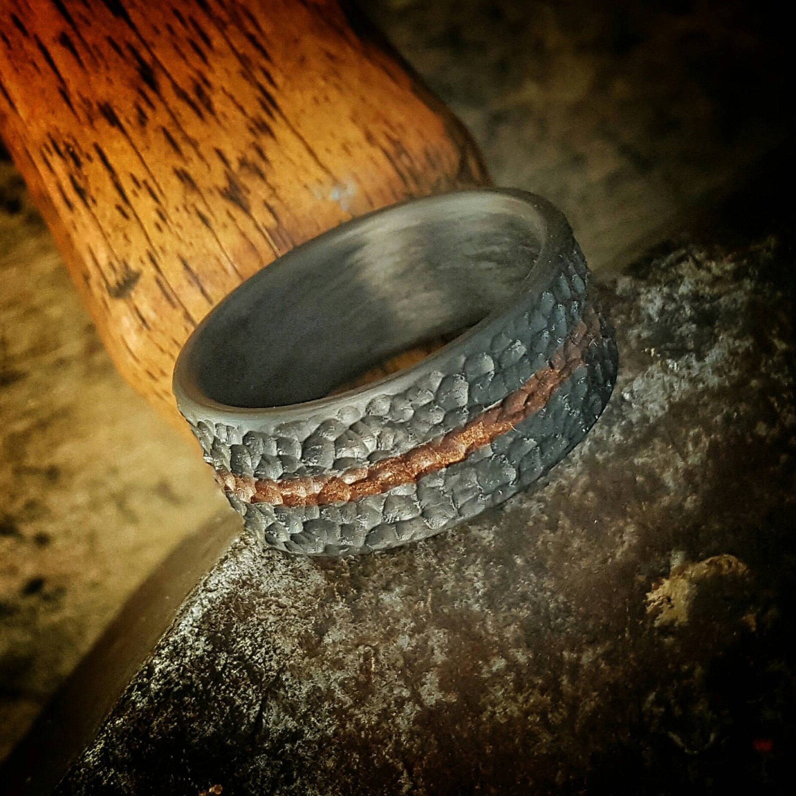 Hammered Finish Carbon Fiber Ring. Centered Liquid Bronze Etsy