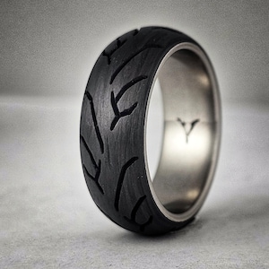 Knee Dragger 2, Ti-Core Carbon Fiber Tread Ring, Motorcycle Racing Ring, Tough ring, 8mm Wide Wedding Band