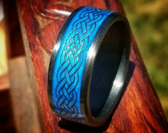 Celtic Weave, Blue, Carbon Fiber Ring. Strong, Light Weight,  Wedding Ring, Comfort fit, Durable Finish