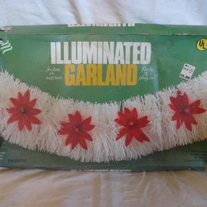 Christmas Garland White with Red Poinsettia&#39;s Red Lights Vintage S-6
