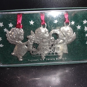 Vintage Ornament Pewter Angel Christmas Ornaments Set of 3 Original Box #798