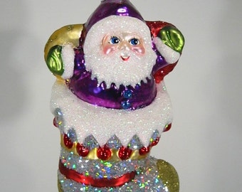 Santa In A Stocking Christmas Ornaments, Glass From Poland Larry Fraga