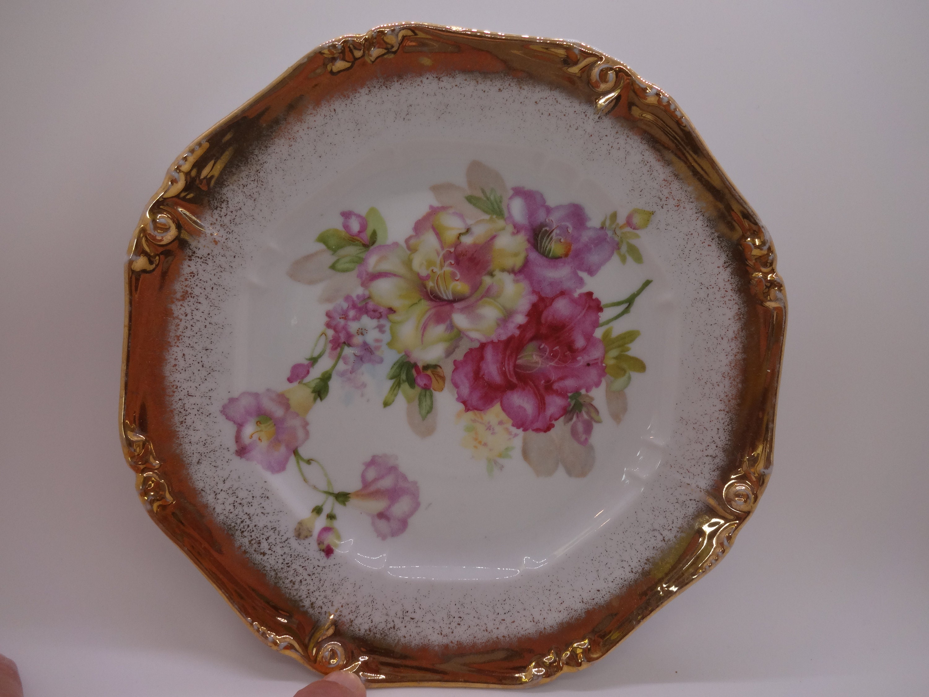 Porcelain Plate Handpainted With Flowers Gold Trim Antique #200012