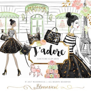 Paris Clip Art | Français Mode Illustration Tour Eiffel Glam femme Macarons graphiques | Stickers Agenda, planificateur couverture | Cliparts numérique