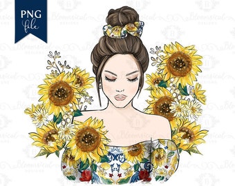 Sunflowers Messy Bun Sublimation Graphic | PNG File | Sunflowers Brunette Girl Scrunchie Illustration |  T-Shirt Tote Art Design Download