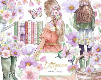Cottagecore Clipart Kollektion | Spring Gardening Fashion Girl Bücher Blumen Aquarell Illustration Grafik Planner Sticker, digital png
