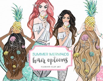 Summer Mermaid Fashion Girl various hair colors Illustration, woman, planner stickers, graphics resources, cliparts, watercolor hand drawn