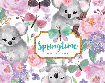 Spring Clip Art | Koala Butterfly Flowers Cute Animal Illustration Graphics