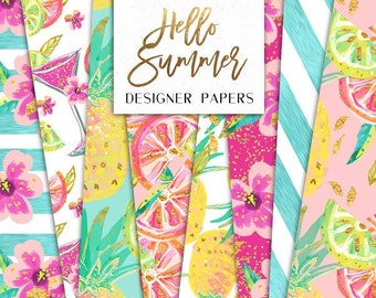 Summer Digital Papers | Tropical Pineapple Lemon Oranges Cocktail Flowers pattern designs | graphics planner stickers resources