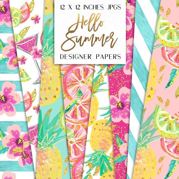 Summer Digital Papers | Tropical Pineapple Lemon Oranges Cocktail Flowers pattern designs | graphics planner stickers resources