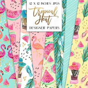 Tropical Digital Papers / Summer Beach Girl Watermelon Flamingo Designs Modelli dipinti a mano / risorse per gli adesivi per pianificatori grafici
