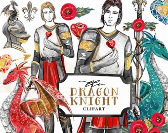 Dragon Knight Clip Art | Fashion Illustration Man Hero Warrior Sword Fairytale Red Gold Silver Graphics | Planner sticker Digital Cliparts