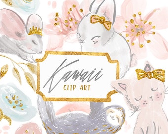 Kawaii Clip Arts | Hand Drawn Cute animals rabbit, sloth, cat, mouse Graphics | Cards, Planner Stickers  | Digital Printable Cliparts