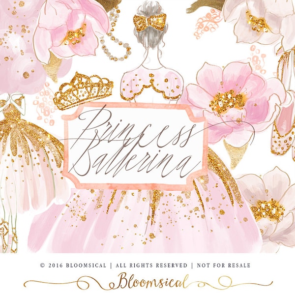 Princess Ballet Clip Art | Hand Drawn Ballerina Girl Flowers Tiara Gold Glitter Graphics | Planner Stickers, Invites  | Digital Cliparts