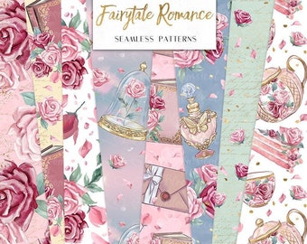 May include: A set of 8 digital seamless patterns featuring a fairytale romance theme. The patterns include roses, books, teacups, a teapot, a perfume bottle, a butterfly, and a rose under a glass dome. The patterns are in shades of pink, blue, green, and gold.