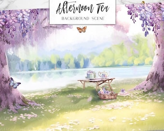 Afternoon Tea Spring Garden Background Scene | Spring Lake view flowers landscape PNG Graphic, Planner Stickers Digital Clipart Graphics