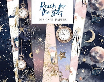 Celestial Digital Papers | Galaxy Moon Stars Clock Sky Celebration Seamless Surface Patterns | planner stickers, graphics  resources, Fabric